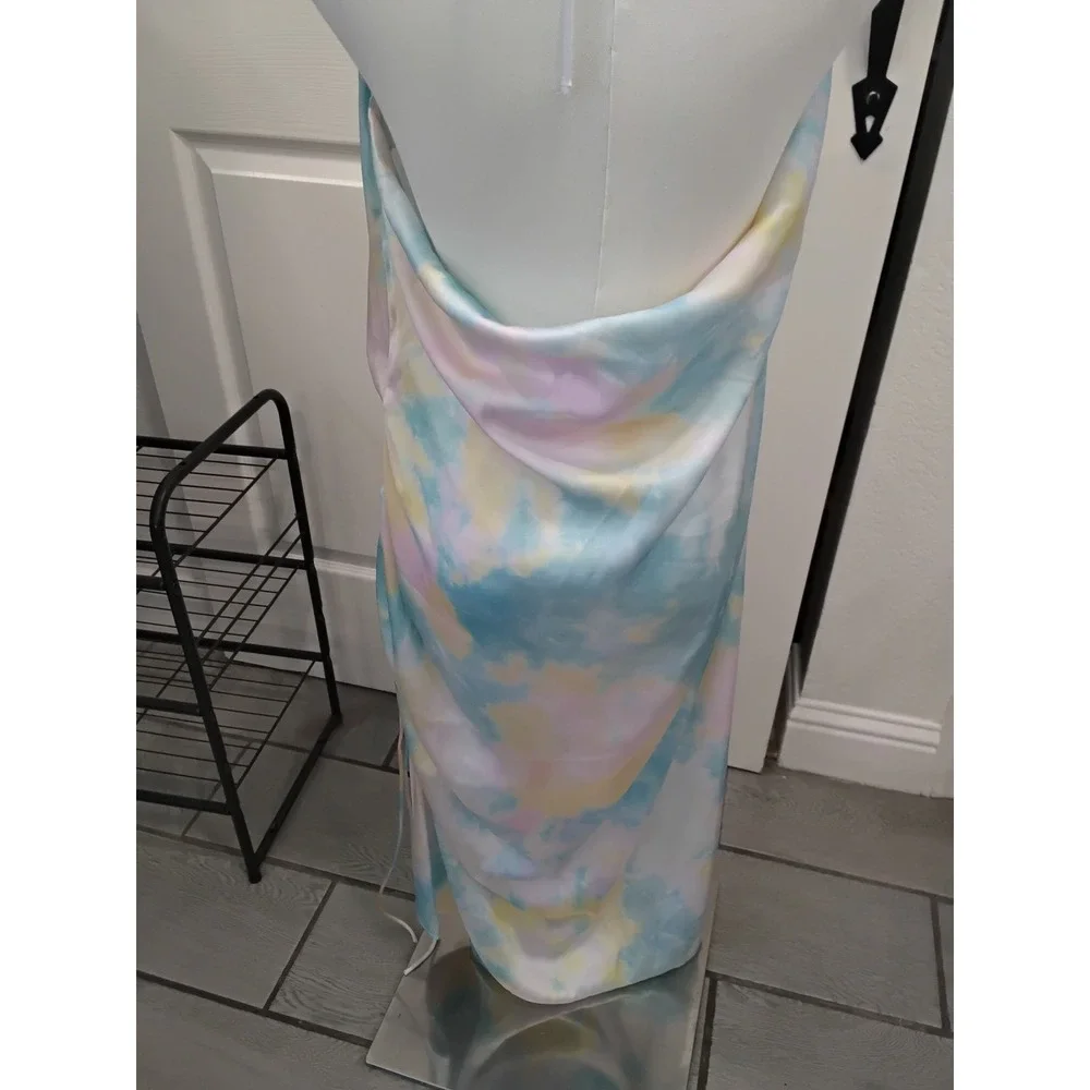 Zara Pastel Tie Dye Satin Halter Cowl Neck Ruched Midi Dress XL Blue Pink Yellow - Picture 5 of 7